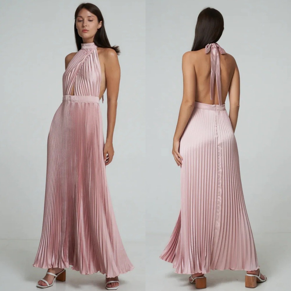 NWT L'IDÉE‎ Renaissance Gown Pink Pleated Halter Maxi Dress Size 6